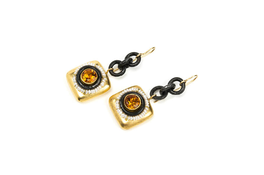 Earrings Tesi: unique italian handmade jewelry with gold 18k, iron, citrine, papiermache by Gian Luca Bartellone, Bodyfurnitures