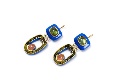 Earrings Tetra: unique jewelry design with gold 18k, blue tourmaline and papier-mâché by Gian Luca Bartellone, Bodyfurnitures Italy