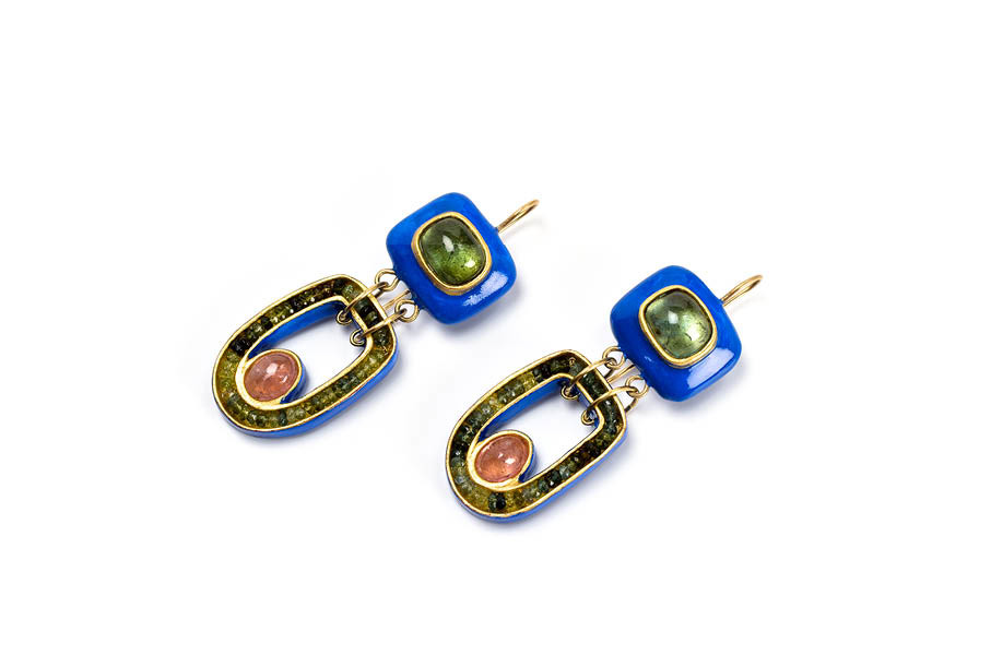 Earrings Tetra: unique jewelry design with gold 18k, blue tourmaline and papier-mâché by Gian Luca Bartellone, Bodyfurnitures Italy