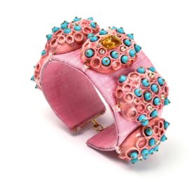 Bracelet Morpho: one-of-a-kind-jewellery by Gian Luca Bartellone, Bodyfurnitures, Italy. Materials: Gold 18kt, diamond, turquoise, citrine, pearls, rose silk and papiermache.