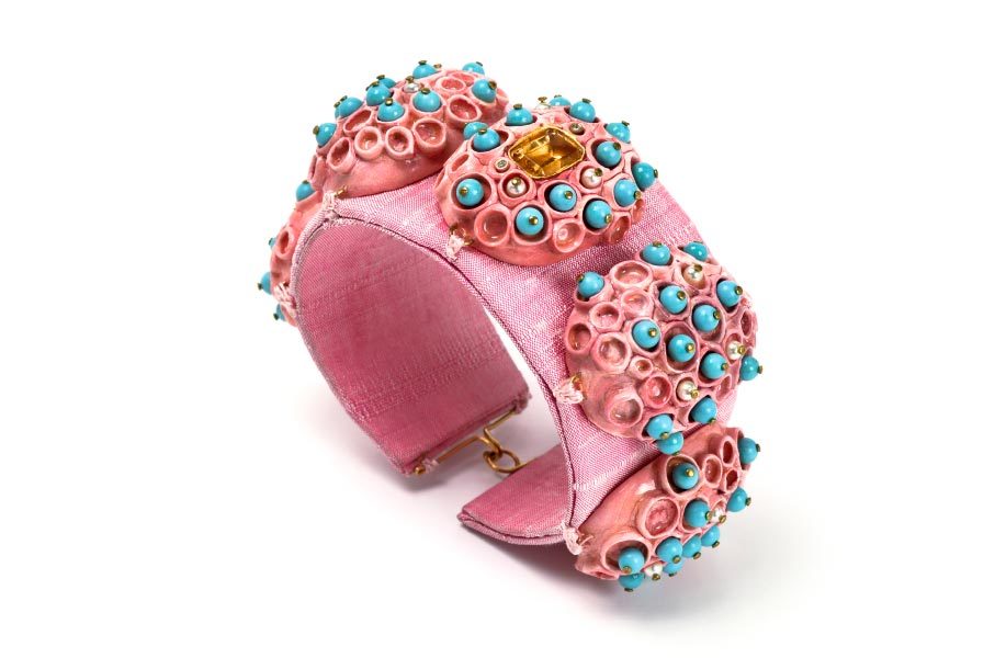 Bracelet Morpho: one-of-a-kind-jewellery by Gian Luca Bartellone, Bodyfurnitures, Italy. Materials: Gold 18kt, diamond, turquoise, citrine, pearls, rose silk and papiermache.