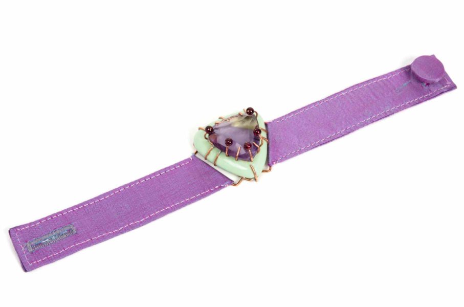 Bracelet Odegos, unique jewellery with copper, ametrine, purple silk, garnet and papier-mâché. Made by italian artist Gian Luca Bartellone, Bodyfurnitures, South Tyrol.