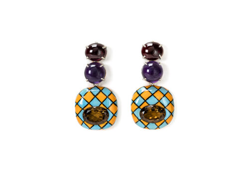 Colorful contemporary jewelry with gold 18kt and silver, copper, beer quartz, amethysts, garnets, gold leaf 22kt. Earrings by Gian Luca Bartellone, Bodyfurnitures