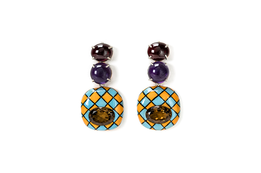 Colorful contemporary jewelry with gold 18kt and silver, copper, beer quartz, amethysts, garnets, gold leaf 22kt. Earrings by Gian Luca Bartellone, Bodyfurnitures