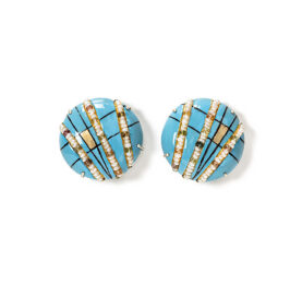 Limited Edition contemporary jewelry earrings "Vespera 4". Materials are Gold, Pearls and Tourmalines. Hand-painted ice blue watercolors on papier-mâché by italian artist Gian Luca Bartellone.