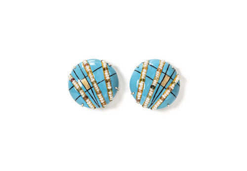 Limited Edition contemporary jewelry earrings "Vespera 4". Materials are Gold, Pearls and Tourmalines. Hand-painted ice blue watercolors on papier-mâché by italian artist Gian Luca Bartellone.