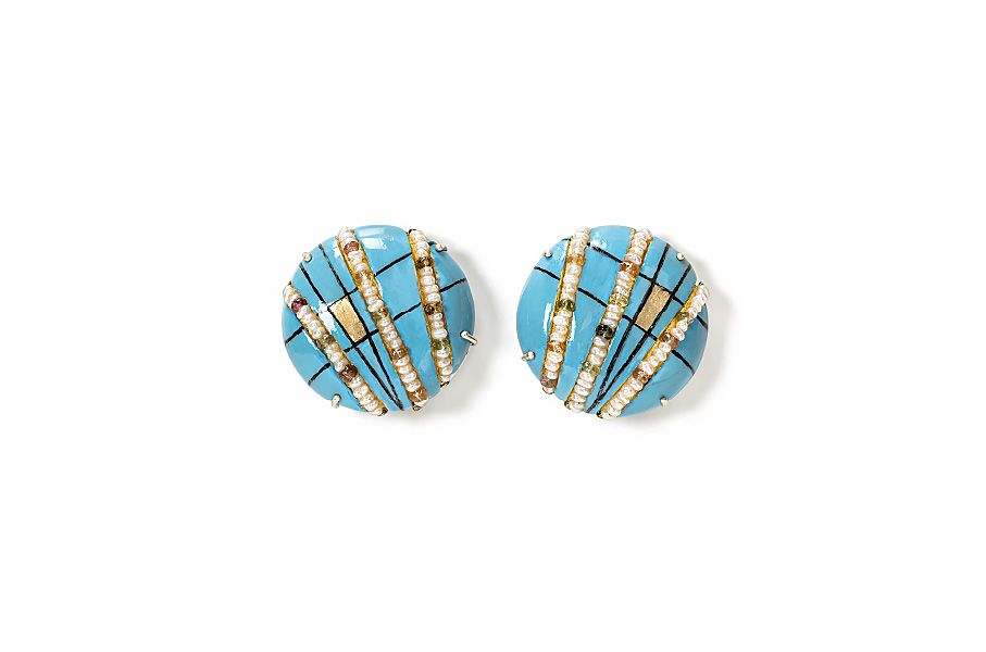 Limited Edition contemporary jewelry earrings "Vespera 4". Materials are Gold, Pearls and Tourmalines. Hand-painted ice blue watercolors on papier-mâché by italian artist Gian Luca Bartellone.