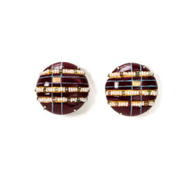Limited Edition contemporary jewelry earrings "Vespera 3". Materials are Gold, Pearls and Tourmalines. Hand-painted with ox blood watercolors on papier-mâché by italian artist Gian Luca Bartellone.