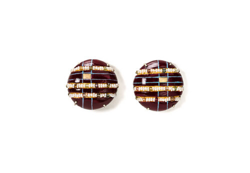 Limited Edition contemporary jewelry earrings "Vespera 3". Materials are Gold, Pearls and Tourmalines. Hand-painted with ox blood watercolors on papier-mâché by italian artist Gian Luca Bartellone.