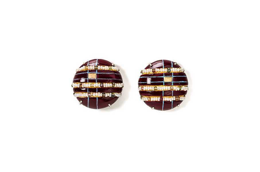 Limited Edition contemporary jewelry earrings "Vespera 3". Materials are Gold, Pearls and Tourmalines. Hand-painted with ox blood watercolors on papier-mâché by italian artist Gian Luca Bartellone.