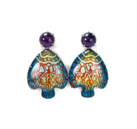 Contemporary jewelry from Italy: Colorful hand painted tropical fish with amethysts by Gian Luca Bartellone