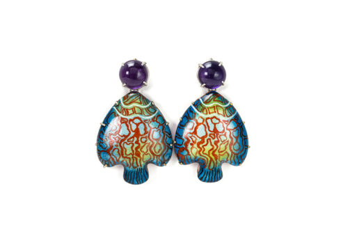 Contemporary jewelry from Italy: Colorful hand painted tropical fish with amethysts by Gian Luca Bartellone