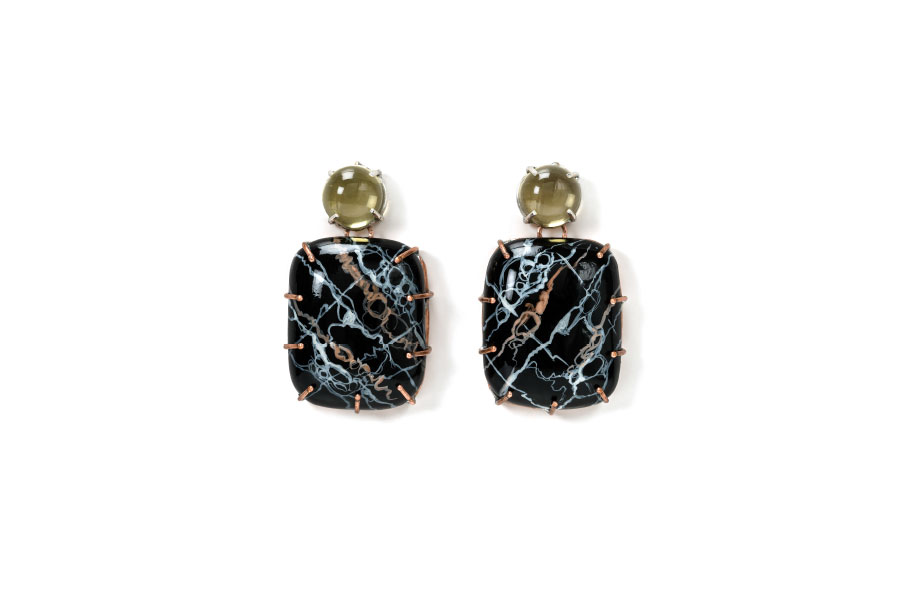 Contemporary Jewelry: Earrings “Mimos” with citrines and handpainted marble effect by artist Gian Luca Bartellone
