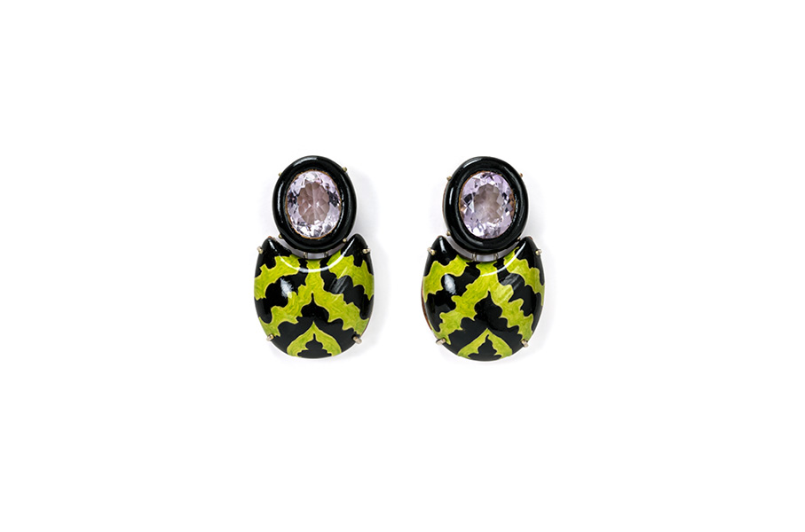Green Contemporary jewelry (bugs like style). Material: amethyst, hand painted by Gian Luca Bartellone, Bodyfurnitures, Italy