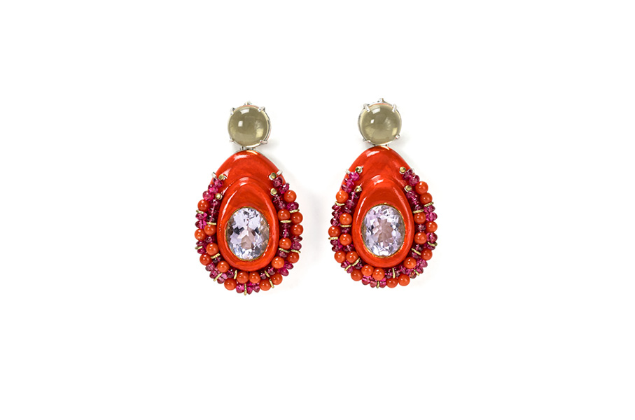 Red Contemporary jewelry with coral, citrine, amethysts and rubellite by italian artist Gian Luca Bartellone
