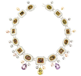 Contemporary art jewelry from Italy: Necklace Cinis 2018, materials: papier-mâché, silver-plated copper, citrine, rose amethysts, tourmalines. Gian Luca Bartellone, Bodyfurnitures.