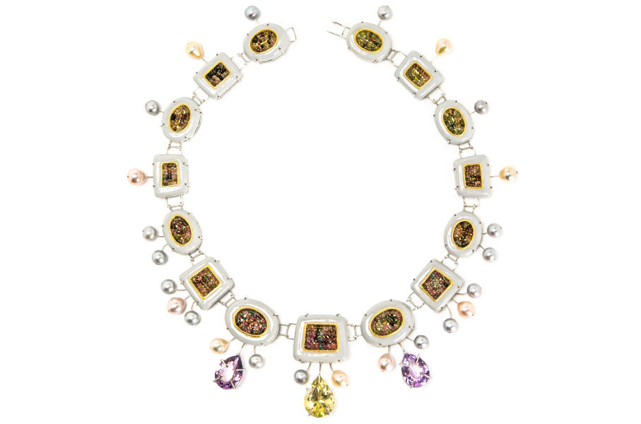 Contemporary art jewelry from Italy: Necklace Cinis 2018, materials: papier-mâché, silver-plated copper, citrine, rose amethysts, tourmalines. Gian Luca Bartellone, Bodyfurnitures.