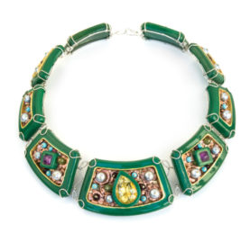 Italian contemporary jewelry: one-of-a-kind necklace Hybris. Materials: papier-mâché, silver-plated copper, copper, citrine, amethysts, garnets, peridots, turquoise paste, pearls, paper, gold leaf 22kt. By artist Gian Luca Bartellone, Bodyfurnitures Italy.
