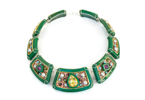 Italian contemporary jewelry: one-of-a-kind necklace Hybris. Materials: papier-mâché, silver-plated copper, copper, citrine, amethysts, garnets, peridots, turquoise paste, pearls, paper, gold leaf 22kt. By artist Gian Luca Bartellone, Bodyfurnitures Italy.