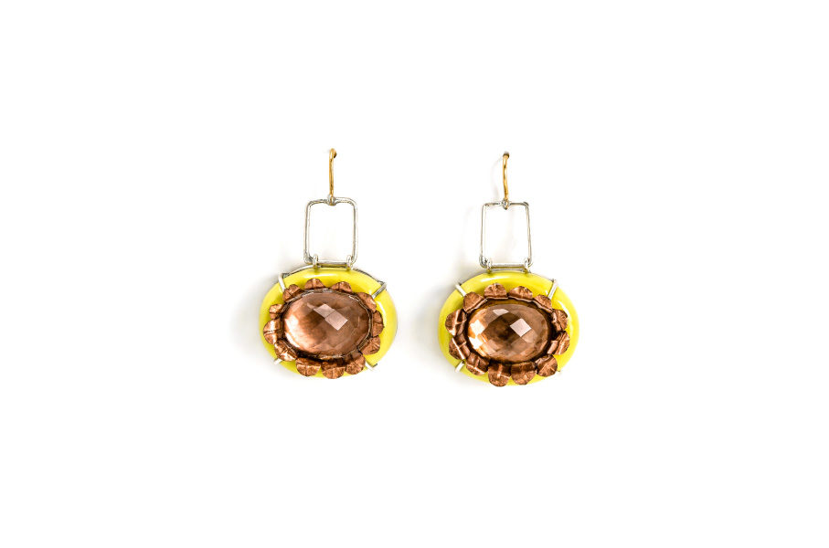contemporary jewelry: earrings Liquens 1, one-of-a-kind jewelry with gold 750, silver 925, copper, papiermache, rock crystal. Artist Gian Luca Bartellone Bodyfurnitures Italy