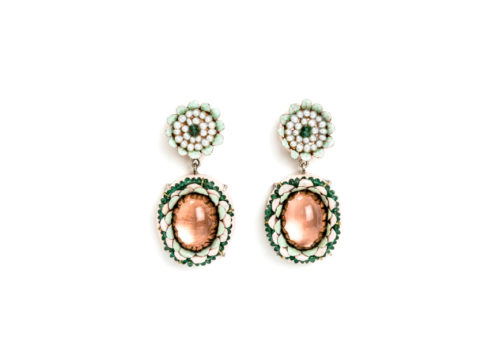 Italian contemporary jewelry: Earrings Coronea, 2019, made of papier-mâché, gold 18kt, silver, copper, emeralds, rose quartz, pearls. Handmade one-of-a-kind-jewelry by italian jeweller artist Gian Luca Bartellone, Bodyfurnitures. Discover him at Salon Resonance[s] in Strasbourg, France.