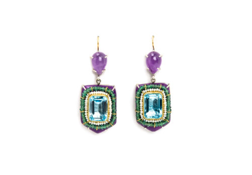 Contemporary jewelry from Italy: Earrings Nitens, materials: papier-mâché, gold 18kt, silver, topazes, emeralds, amethysts, pearls, gold leaf 22kt. By european jeweler and artist Gian Luca Bartellone, Bodyfurnitures.