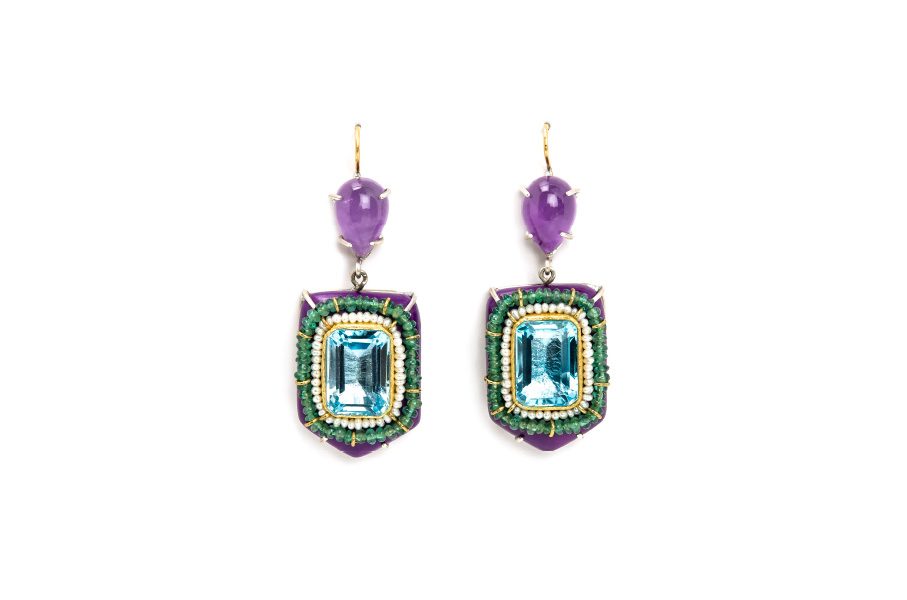 Contemporary jewelry from Italy: Earrings Nitens, materials: papier-mâché, gold 18kt, silver, topazes, emeralds, amethysts, pearls, gold leaf 22kt. By european jeweler and artist Gian Luca Bartellone, Bodyfurnitures.