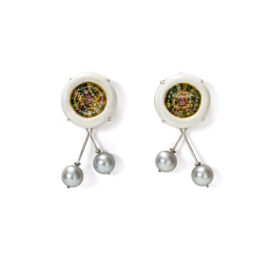 Contemporary earrings in white with gold, silver and tourmalines by Gian Luca Bartellone Bodyfurnitures