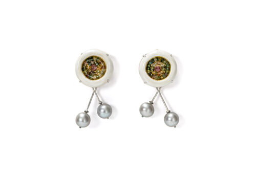 Contemporary earrings in white with gold, silver and tourmalines by Gian Luca Bartellone Bodyfurnitures